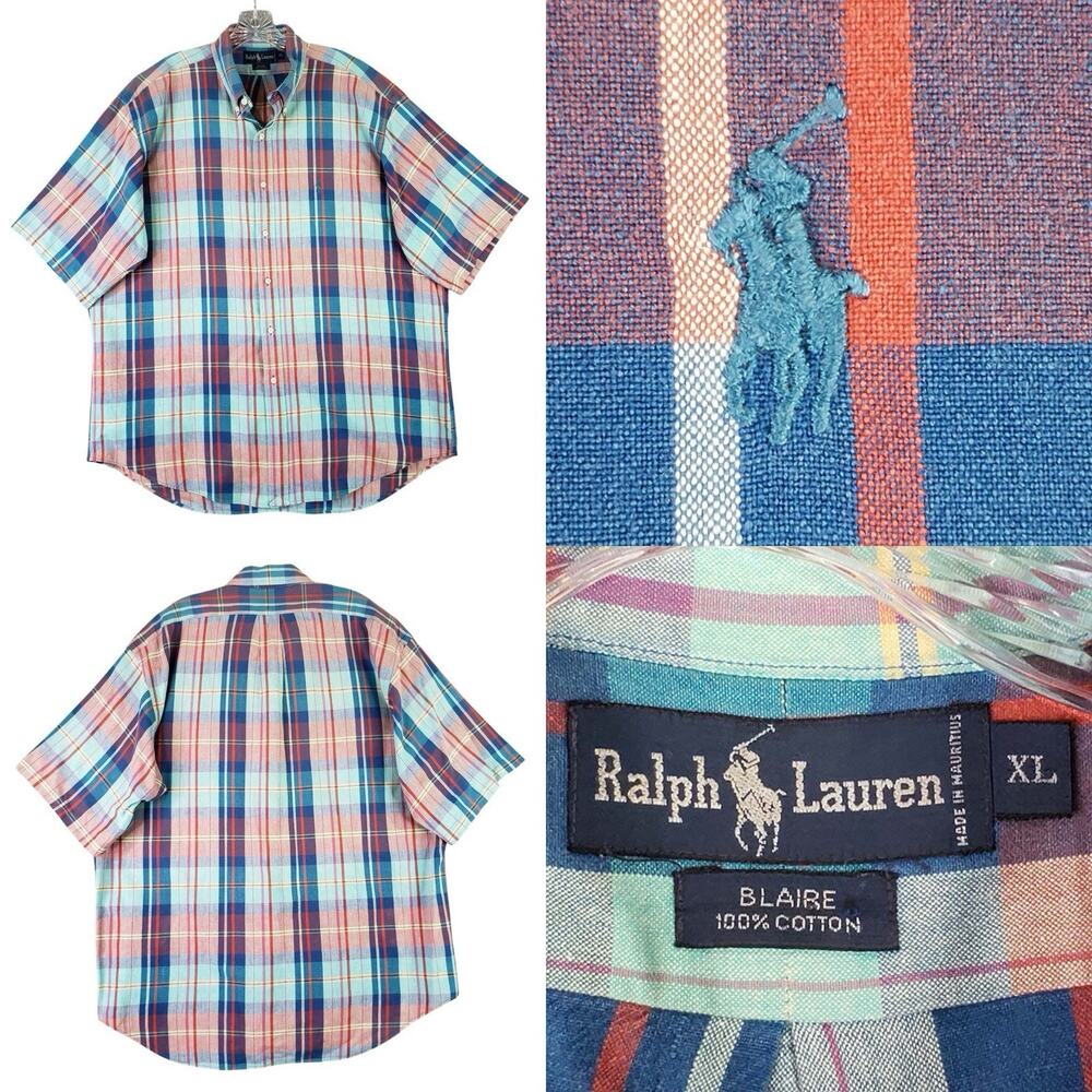 Polo Ralph Lauren Shirt Mens Size XL Blue Red Plaid Short Sleeve Button Down